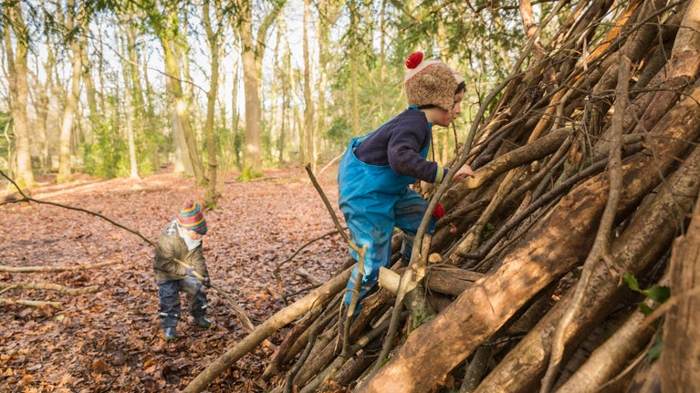 Child climbing up pile of branches in autumnal woodland while another child plays with a branch nearby